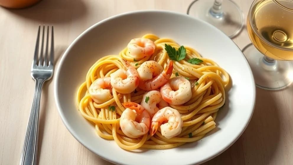 Pasta med räkor och vitlöksgrädde